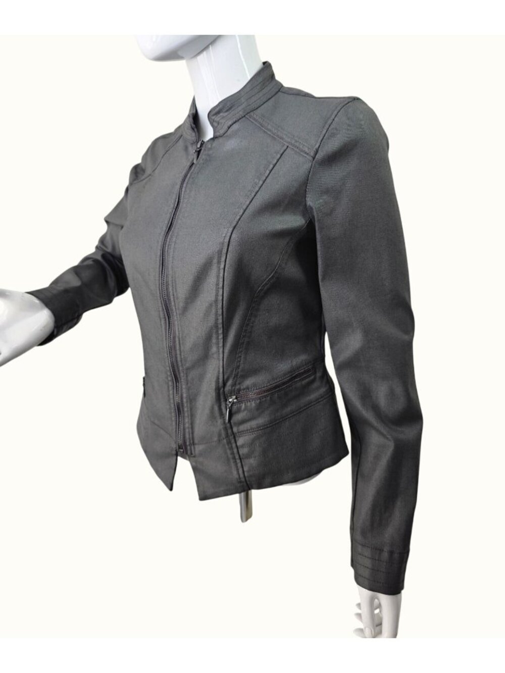 WHBM Gray Waxed Moto Jacket Womens S Stretch Zip Pockets Cuffs Like New